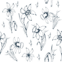 seamless Wallpaper of monochrome  flowers close-up. primroses flowers in the style of realism. modern sketch, pattern for design, Wallpaper, paper, printing, advertising.  vintage illustration