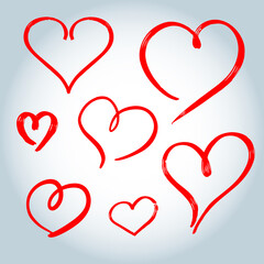 Vector Heart shape frame with brush painting set isolated on white background, hand drawn love heart collection.