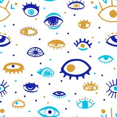 Hand drawn sketch evil eyes seamless pattern. Colorful mystic occult emblem doodle drawing. Naive art