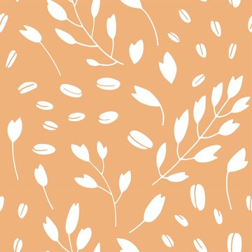 Hand drawn cereal plants seamless pattern, agriculture industry organic crop products for oat groats flakes, oatmeal packaging design. 