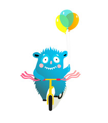 Kids monster character riding bike, decorated bicycle parade or festival clipart. Quirky cyclist creature character. Vector colorful cartoon illustration for children projects.