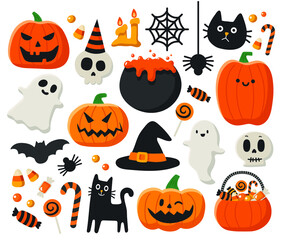 Halloween illustrations set; pumpkins, ghosts, cats, bats, , skulls, candies, and Halloween elements. Spooky Halloween in October.