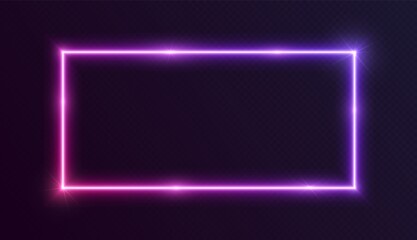 Neon gradient rectangular frame, blue-pink glowing border with glowing sparkles isolated on a dark background. Colorful night banner, bright illuminated shape, cyberpunk style vector light effect.