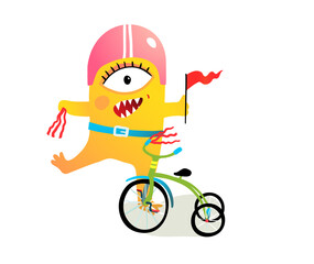 Kids monster character wearing helmet and decorating bike, bicycle parade or festival fun clipart. Quirky cyclist creature character. Vector colorful cartoon illustration for children projects.