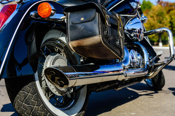 Closeup of the classical cruiser or chopper motorcycle