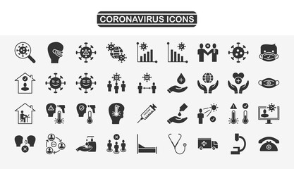 Set of Coronavirus vector solid icons. For mobile concepts, web apps, UI UX. Vector Illustration.