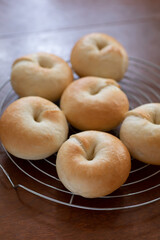 自宅でパン作り　金網の上に並べた焼きたてのプレーンベーグル