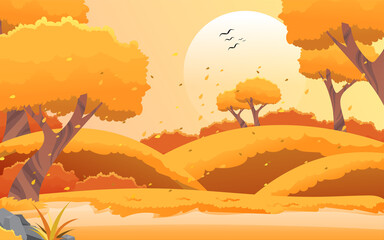 Autumn or Fall Season Landscape background Illustration with Falling Foliage Leaves Concept