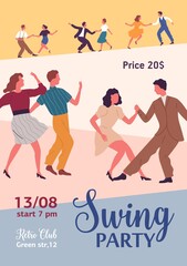 Swing party colorful promo poster with place for text vector flat illustration. Active people dancing together demonstrate choreographic movement. Announcement of Lindy hop event at retro club