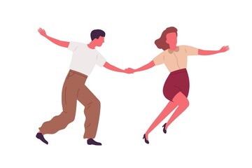 Couple dancing together holding hands vector flat illustration. Professional dancers demonstrate Lindy hop or Swing choreography isolated on white. Man and woman characters enjoying hobby or perform