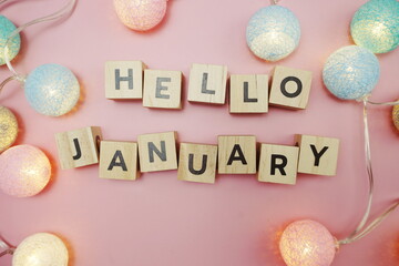 Hello January alphabet letter with space copy on pink background