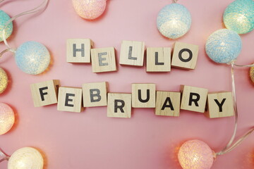 Hello February alphabet letter with space copy on pink background