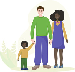 Fototapeta premium Multinational happy family. Husband European, wife Black woman, son with black skin holding his father's hand. The concept of peace, paternity, motherhood and happy childhood. Vector flat design