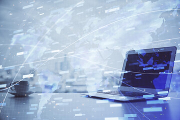 Double exposure of computer and technology theme hologram. Concept of freelance work.