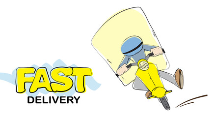 Scene with Isolated courier on scooter on white background. Cartoon delivery.