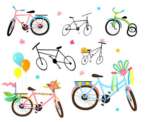 Funny decorated bicycles hand drawn collection, colorful clipart for kids projects. Quirky bikes objects set isolated on white, cute festive cycle collection. Vector cartoon illustration for kids