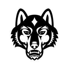 Head of Gray Wolf or Timber Wolf Front View Sports Mascot Black and White