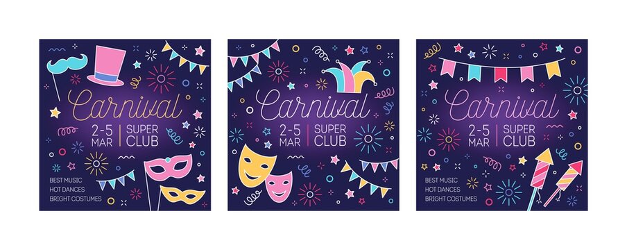 Collection of festive carnival promo cards with place for text. Bundle of square postcards decorated mask, flag garland and firework drawn with glowing neon lines. Vector illustration in linear style