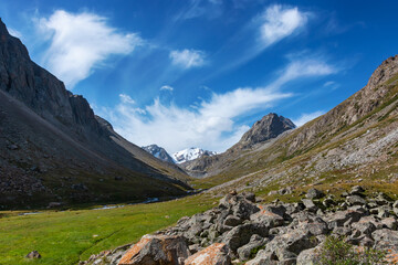 Mountain landscape view in Kyrgyzstan. Green grass in mountain valley view. Mountain panorama.