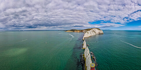Aerial panoramic view of the Needles of Isle of WIght