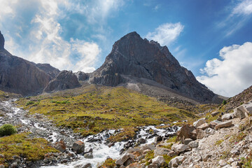 Fototapeta premium Mountain landscape view in Kyrgyzstan. Green grass in mountain valley view. Mountain panorama.