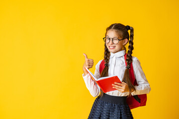 Cute school girl with glasses and backpack gives a thumbs up sign of approval