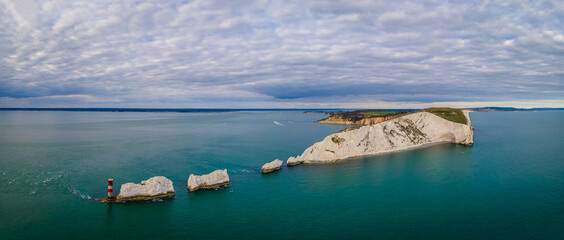 Aerial panoramic view of the Needles of Isle of WIght