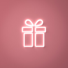Neon light present box or gift icon on pink pastel color wall background with shadow 3D rendering