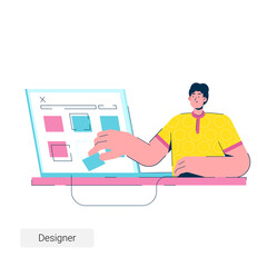 Designer working on computer. Stock illustration. Art director in workplace.