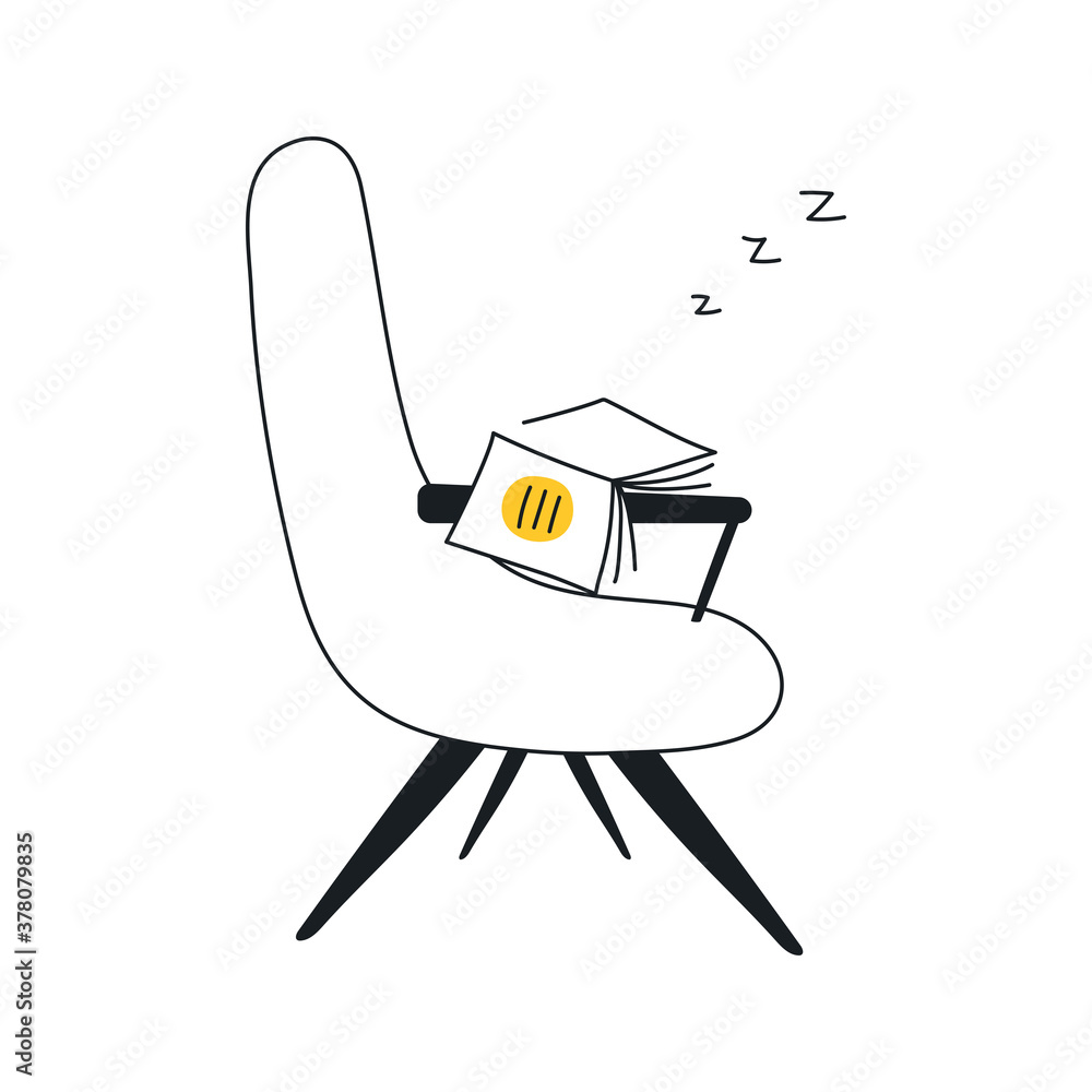 Poster an empty chair with a book and sleeping sign. 404 empty page concept, no results and the page not fo