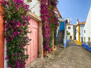 Colorful street in the medieval town of Óbidos, Portugal