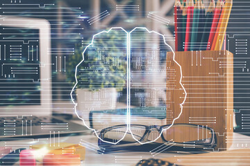 Brain drawings with glasses on the table background. Double exposure.