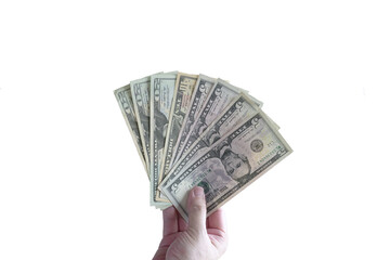 Hand holding dollar bills, isolated on white background