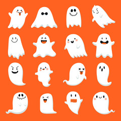 Collection of cute Halloween ghost illustrations. lovely spooky ghost vectors and cartoon characters. 