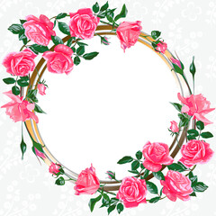 Template for invitation, greeting card with decorative round frame and pink rose flowers.