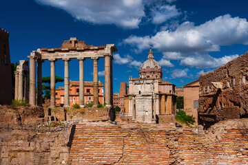 Fototapeta premium Roman Forum ruins of temples, columns and others ancient buildings, in the historic center of Rome