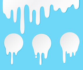 Melt drip and circle milk labels. Vector set liquid drops icons for graffiti blob stickers. White liquid or melted chocolate drips, milk, current paint.
