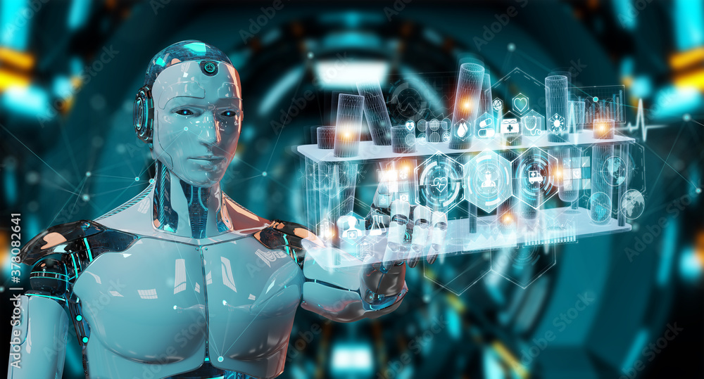 Poster Robot holding and touching holographic tubes samples projection 3D rendering