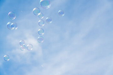 Abstract background, soap bubbles on blue sky background. Copy space for text.
