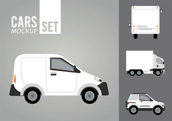 mini van white and set vehicles mockup icons