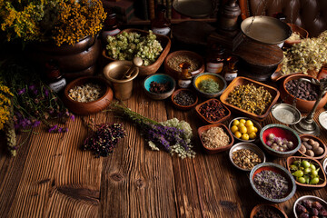 Natural medicine background. Assorted dry herbs in bowls and brass mortar on rustic wooden table.