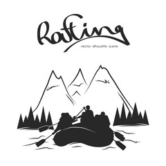 Silhouette of rafting team and river on mountains background - obrazy, fototapety, plakaty