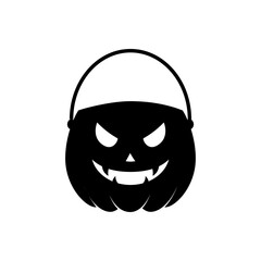 Feliz Halloween. Silueta de cubo de calabaza de Halloween para que los niños celebren la tradición de truco o trato recogiendo dulces en color negro