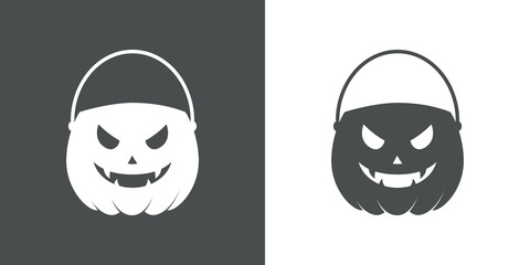 Feliz Halloween. Silueta de cubo de calabaza de Halloween para que los niños celebren la tradición de truco o trato recogiendo dulces en fondo gris y fondo blanco