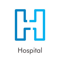 Concepto asistencia sanitaria. Logotipo con texto Hospital. Letra inicial H lineal en color azul