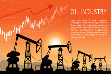 The price of oil is going up. Financial chart on the background of oil pumps, pumping plant, oil well. Vector illustration of the concept of the oil industry in flat style.