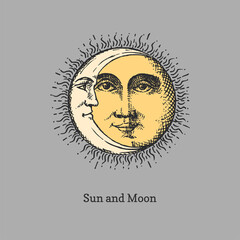 Sun and Moon, hand drawn in engraving style.