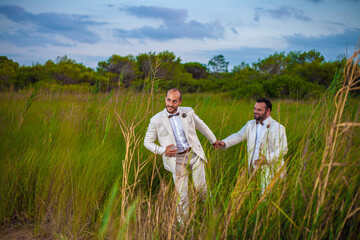 Happy and smiling gay men couple dressed in white groom suit enjoying in the field holding hands.