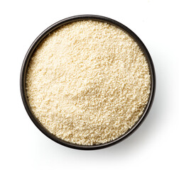 Bowl of breadcrumbs isolted on white, from above