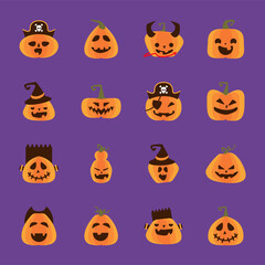 bundle of halloween pumpkins in purple background flat style icons